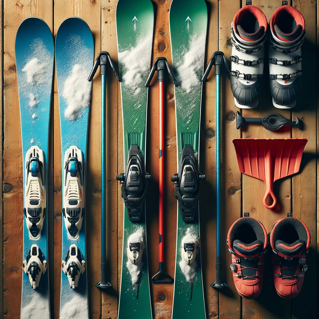 Zestaw narciarski z naklejkami imiennymi Naklejaki, w tym narty, kask, gogle i buty narciarskie